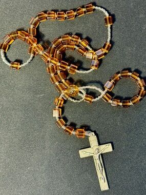 Amber Glass Bead Rosary Necklace with Silver Tone Crucifix